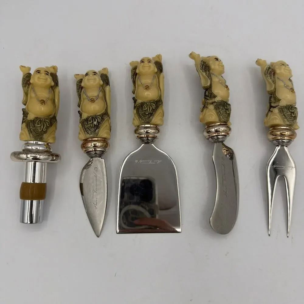 Hans Turnwald Bone Buddah Cheese Knife Wine Stopper Gift Set Vintage Germany